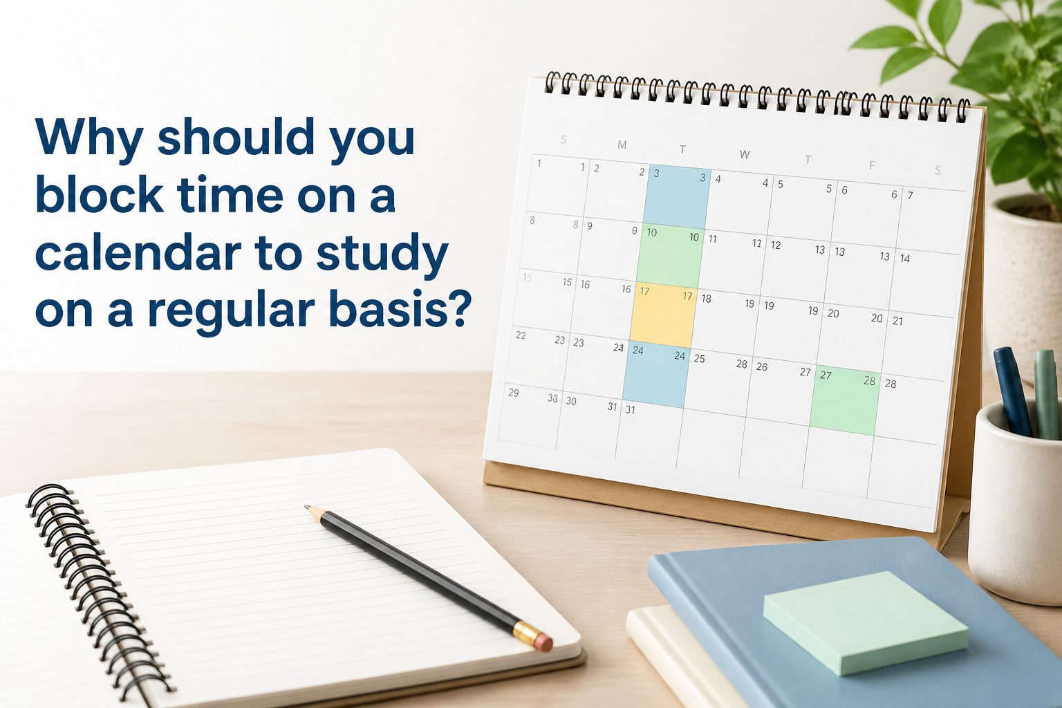 why-should-you-block-time-on-a-calendar-to-study-on-a-regular-basis-e1373 Student's calendar with recurring study blocks highlighted beside textbooks and notes